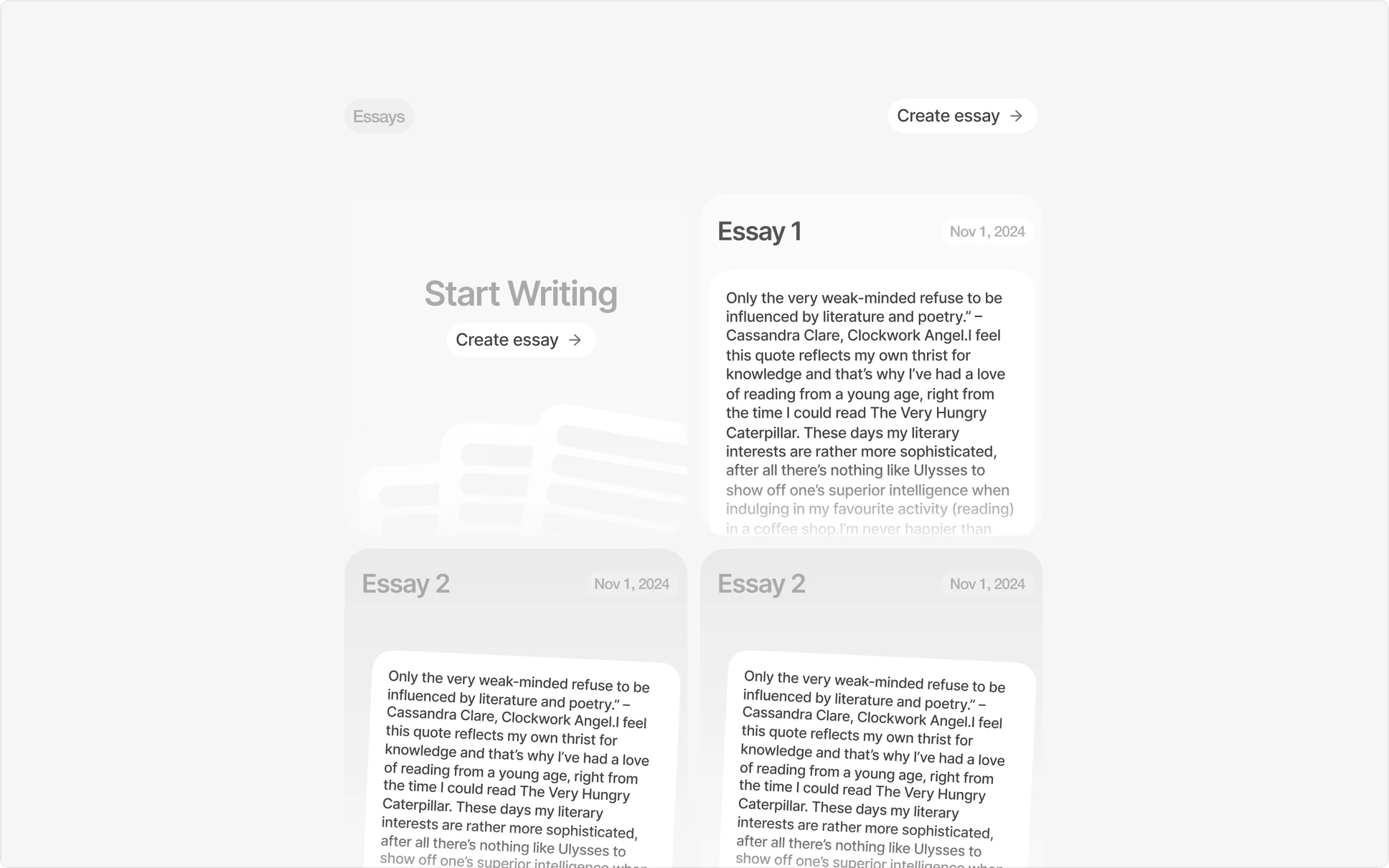 Admitium essays dashboard with a Start Writing card and essay previews.