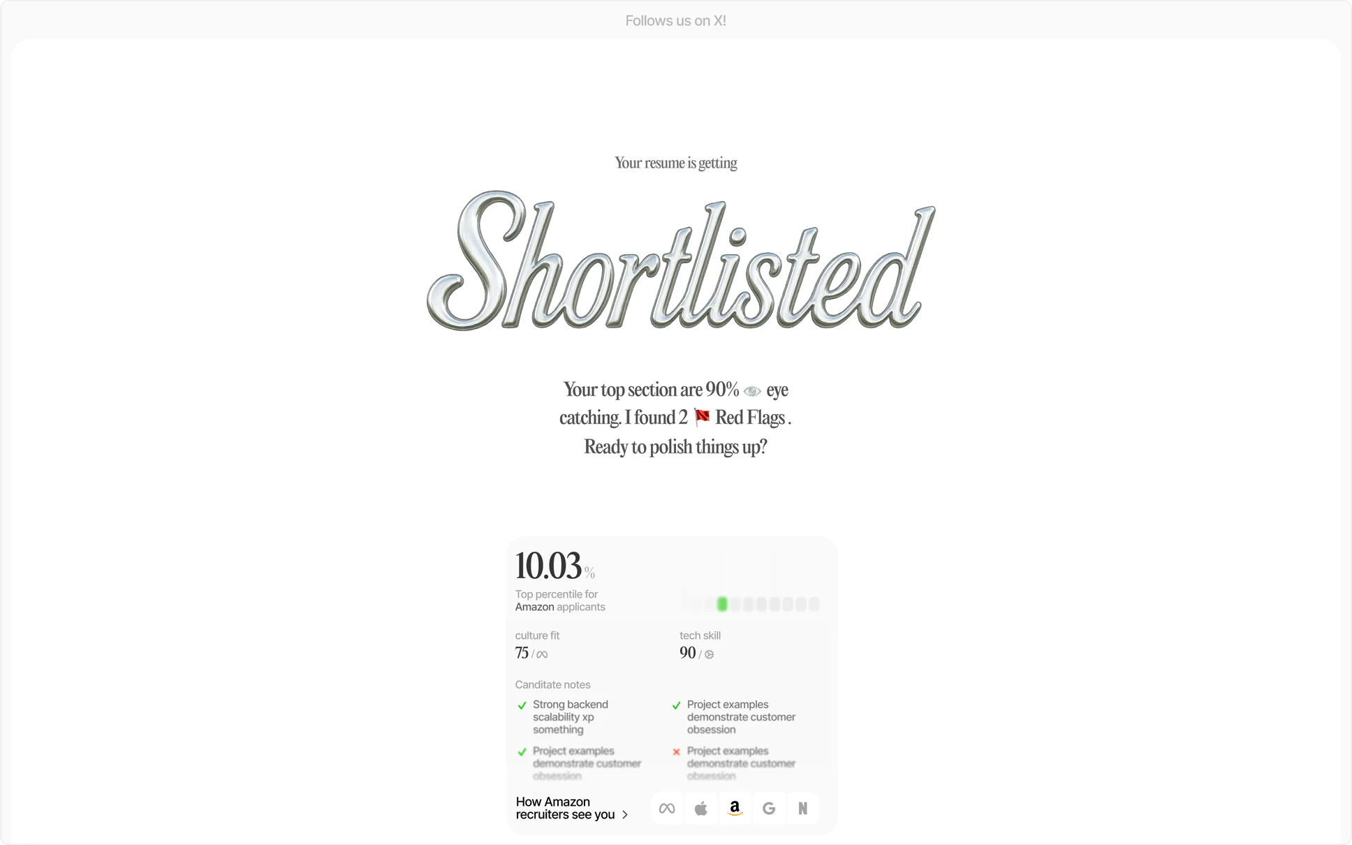 CrackedResume landing page with a chrome “Shortlisted” wordmark and a resume score card.