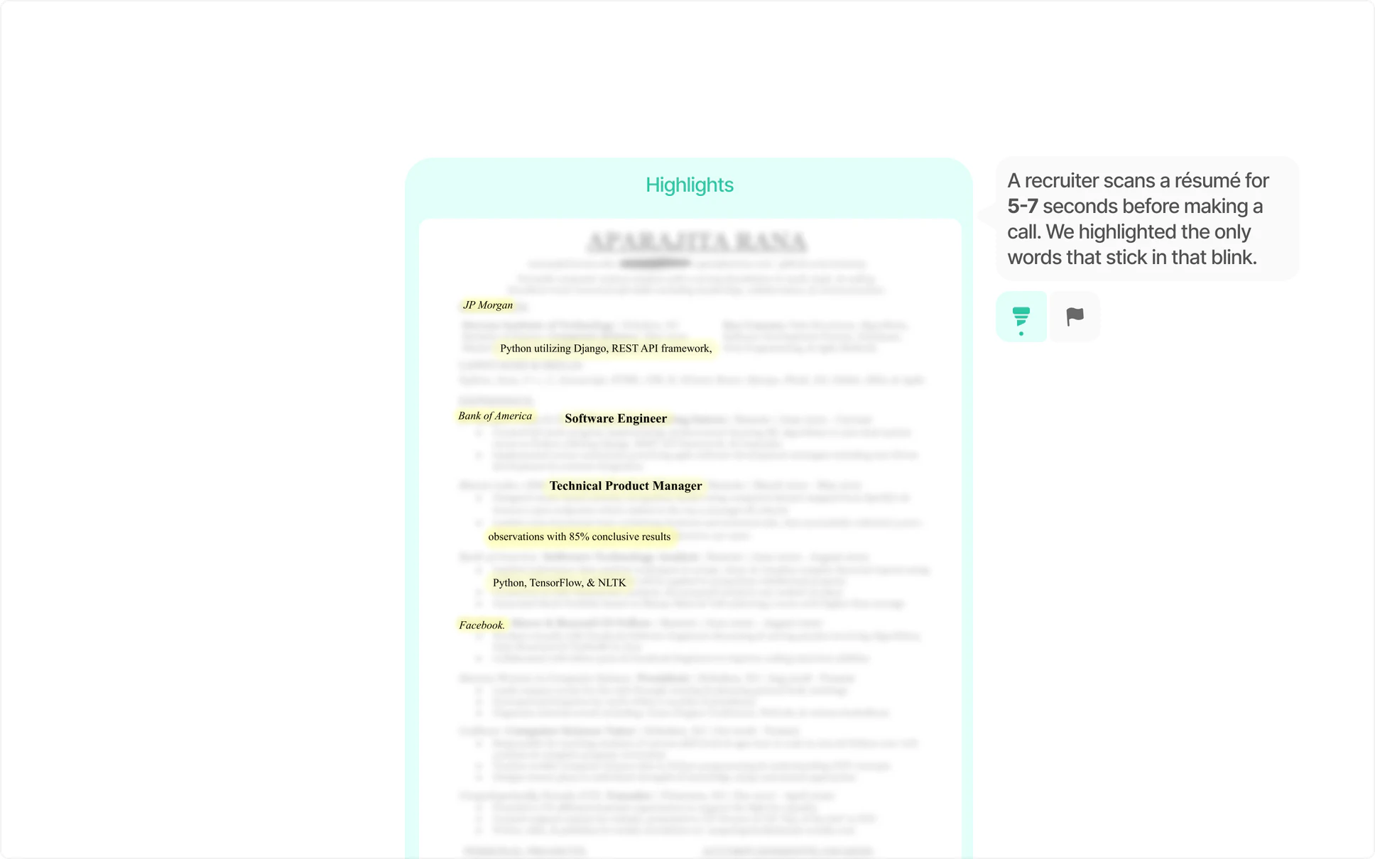 CrackedResume Highlights view: a blurred résumé with only the words a recruiter notices in a quick scan left legible.