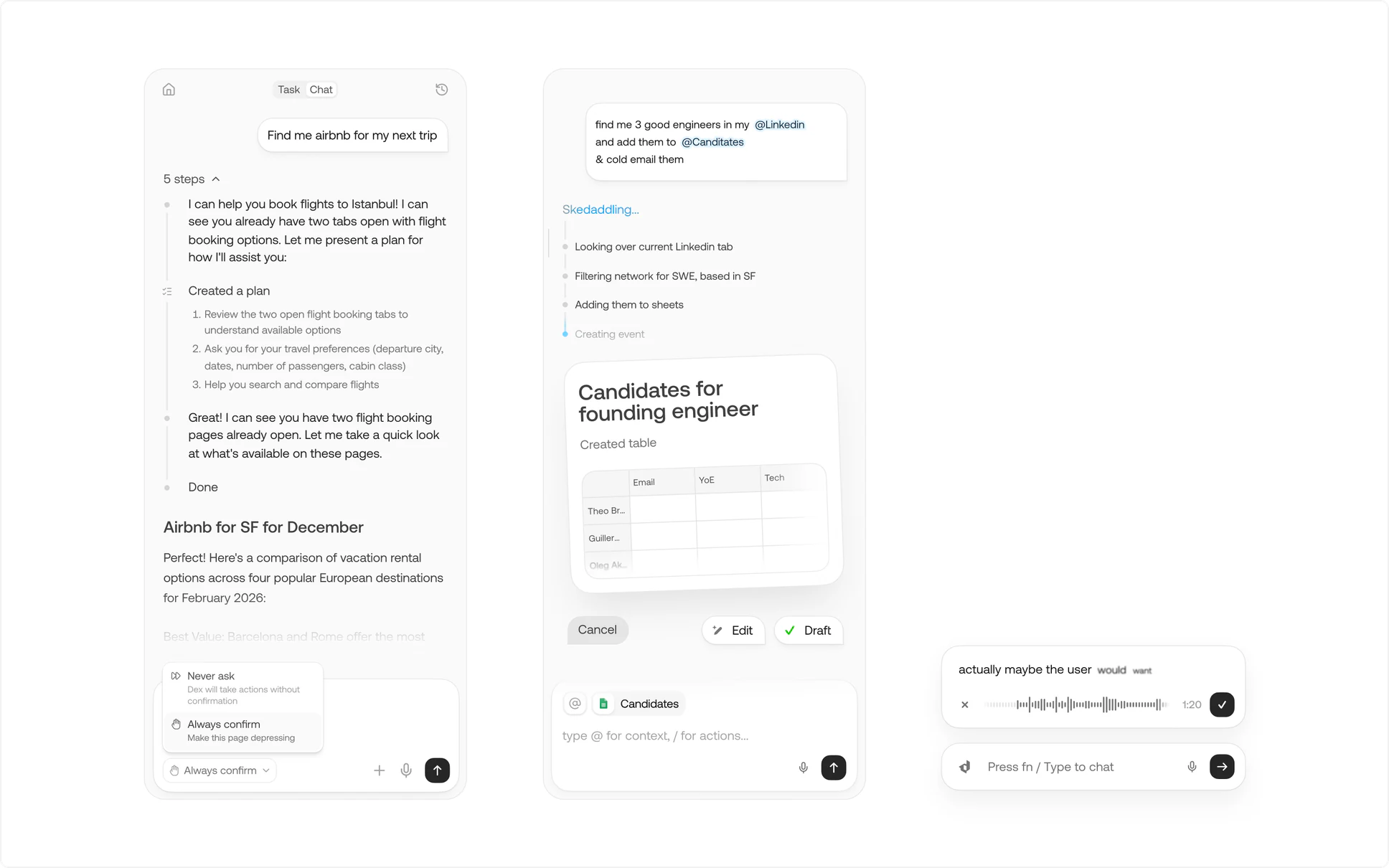 Dex chat panels: a multi-step agent plan for booking an Airbnb, a candidates table built from LinkedIn, and a voice input bar.