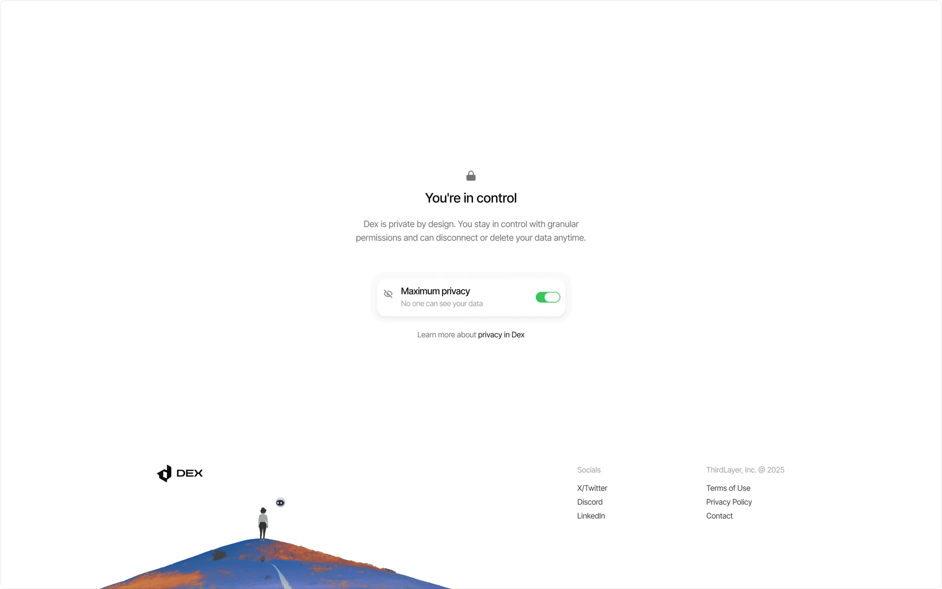Dex privacy section titled “You’re in control” with a Maximum privacy toggle, above the site footer.